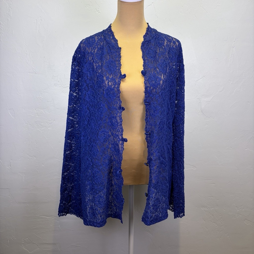 Vintage Dialogue Woman's Lace Blouse Cardigan Size L Royal Blue Feminine Layer‎ - Picture 3 of 12